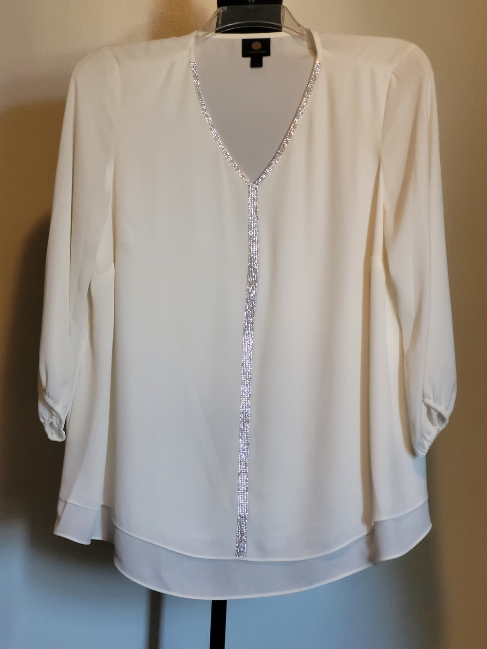 JM Collection Soft Cream Rhinestone Embellished V Neck 3/4 Elastic Sleeve Top